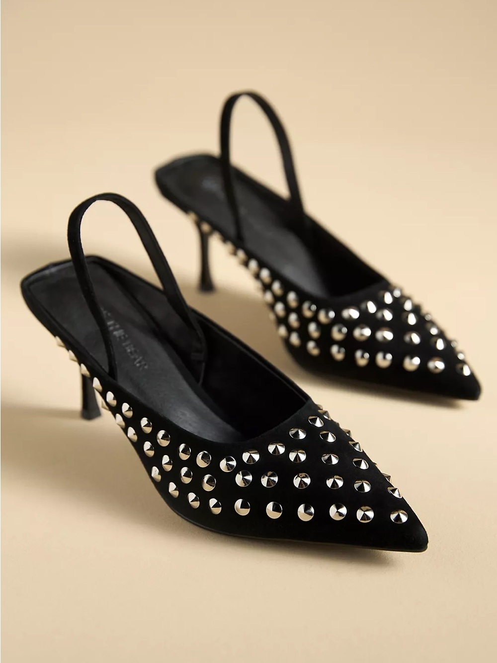 Anthropologie Black Suede Studded Sling Back Kitten Heels Shoe